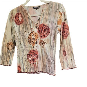 Chaudry Kc Elegant Floral V-Neck Blouse - Red, Orange, Cream